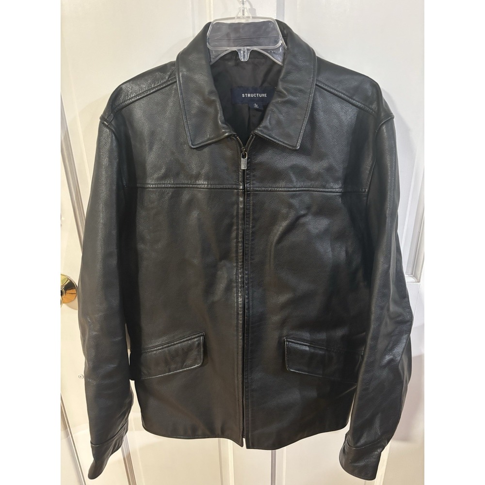Vintage Structure Zip Black Collared Thick Pebbled Grain Leather Jacket XL